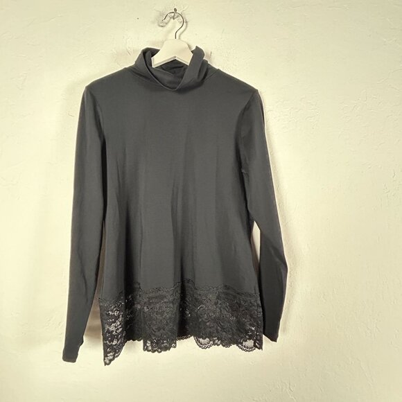 Sundance Womens Black Turtleneck Long Sleeve Lace Hem Top PL Stretch Casual New - Picture 1 of 7